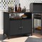Costway Patio Rattan Storage Cabinet with Acacia Wood Countertop Open Shelf 2 Door Cabinet Black/Mix Brown
